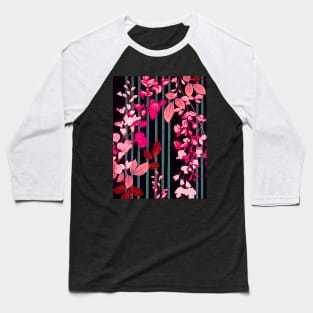 PINK FUCHSIA FLOWERS AND BLUE GREEN BLACK STRIPES Antique Japanese Floral Baseball T-Shirt